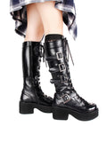 Sohiwoo New black Punk Style Goth Harajuku Women's Shoes High Heel 7cm Platform Buckle Lace Up Knee High Motorcycle Boots