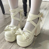 Sohiwoo Lolita Shoes Women Mary Janes High Heels Shoes Chunky Sandals Summer Fashion Retro Bow Party Platform Pumps