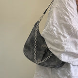 Sohiwoo Retro Black Women's Small Shoulder Bag Fashion Half Moon Female Underarm Bag Chain Design Ladies Tote Purse Portable Handbag