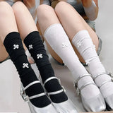 Sohiwoo Bow Knot Stockings Summer Women Lace Lolita White Sweet Knitted Socks Girl Casual Crew Loose Soft Knee Socks Fashion Accessories