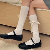 Sohiwoo Lolita Bow Socks Women Ribbon Sweet Bow Bandage Stripe Calf Stockings Girls Cute Elastic Cotton Solid Color Versatile Long Socks