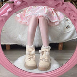 Sohiwoo Japanese Style Kawaii Lolita Cute Girls Shoes Winter Suede Warm Round Head Thick Soles Lettered Bow Pu 3.5cm Booties Shoes