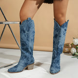 Sohiwoo Thick Heels Knee High Denim Boots Women  Autumn Pointed Toe Blue Long Boots Woman Plus Size 42 Chunky Heeled Cowgirl Shoes