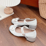 Sohiwoo New Women Pumps Ladies Ballet Mary Jane Riband Chunky Heel Shallow Sandals Female Lolita Round Toe Sweet Bow-knot Cozy Shoes