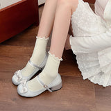 Sohiwoo New Women Pumps Ladies Ballet Mary Jane Riband Chunky Heel Shallow Sandals Female Lolita Round Toe Sweet Bow-knot Cozy Shoes