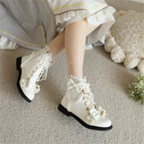 Sohiwoo Japanese Style Sweet Girl Kawaii Lolita Shoes Round Head Flat Bottom Lovely Ruffle Ruffle Pearl Shoelace Plush 2cm Short Boots