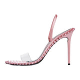 Sohiwoo High Heel Open Toe Rhinestone Transparent Stripe Female Summer Mid Heel Pink Sandals Female