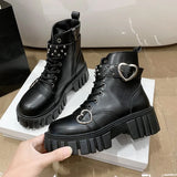 Sohiwoo Fashion Rivet Punk Motorcycle Boots Women Heart-Shaped Buckle Platform Ankle Boots Woman Thick Bottom Non-Slip Short Botas Mujer