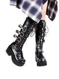 Sohiwoo New black Punk Style Goth Harajuku Women's Shoes High Heel 7cm Platform Buckle Lace Up Knee High Motorcycle Boots