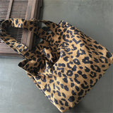 Sohiwoo Corduroy Leopard Shoulder Bag Casual Shopping Bag Large Capacity Handbags Eco Tote Bag Women Ladies Leopard Print Underarm Bags