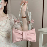 Sohiwoo Girly Pearl Chain Women's Underarm Bag Fairy Bowknot Female Small Shoulder Bags Soft PU Leather Ladies Messenger Bag Handbags