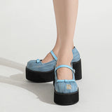 Sohiwoo New Round Toe Denim Blue Thick-soled High Heels Shoes All-match Non-Slip Mary Jane Shoes Platform High Heels Thick Bottom Shoes