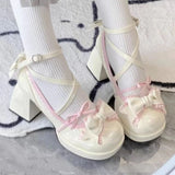 Sohiwoo Sweet Girls Lolita Bowknots Platform Pumps Shoes,Students Kawaii Straps Flat Elevator Mary Janes