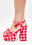 Sohiwoo Women Platform Heels gingham print sandals buckle ankle straps cherry charms block heel sandals peep toes bow straps footwear