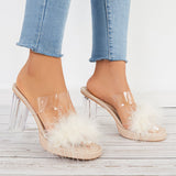 Sohiwoo Women Furry Clear Platform Chunky Heels Open Toe Slide Sandals