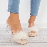 Sohiwoo Women Furry Clear Platform Chunky Heels Open Toe Slide Sandals