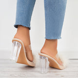 Sohiwoo Women Furry Clear Platform Chunky Heels Open Toe Slide Sandals