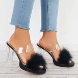 Sohiwoo Women Furry Clear Platform Chunky Heels Open Toe Slide Sandals