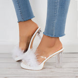 Sohiwoo Women Furry Clear Platform Chunky Heels Open Toe Slide Sandals