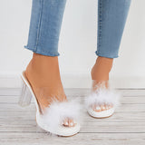 Sohiwoo Women Furry Clear Platform Chunky Heels Open Toe Slide Sandals