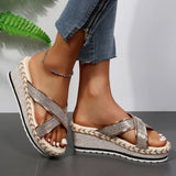 Sohiwoo  Women Rhinestone Criss Cross Espadrille Platform Wedges Slide Sandals