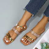 Sohiwoo  Women Rhinestone Square Toe Slide Sandals Flat Slippers