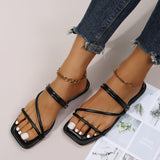 Sohiwoo Women Black Square Toe Slip on Flat Multi Straps Slide Sandals