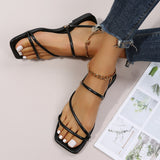 Sohiwoo Women Black Square Toe Slip on Flat Multi Straps Slide Sandals