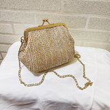 Sohiwoo Boho Straw Woven Kiss Lock Metal Chain Clutch Textured Frame Purse Crossbody Bag