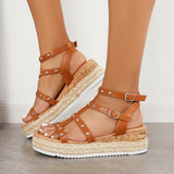 Sohiwoo Women Studded Platform Wedges Espadrille Ankle T-Strap Sandals