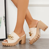 Sohiwoo Chain Decor Block Chunky Heel Mules Peep Toe Slide Sandals