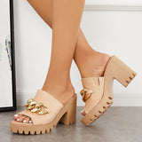 Sohiwoo Chain Decor Block Chunky Heel Mules Peep Toe Slide Sandals