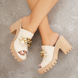 Sohiwoo Chain Decor Block Chunky Heel Mules Peep Toe Slide Sandals