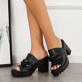 Sohiwoo Chain Decor Block Chunky Heel Mules Peep Toe Slide Sandals