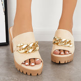 Sohiwoo Chain Decor Block Chunky Heel Mules Peep Toe Slide Sandals