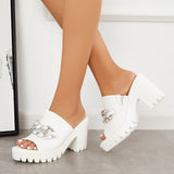 Sohiwoo Chain Decor Block Chunky Heel Mules Peep Toe Slide Sandals