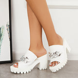 Sohiwoo Chain Decor Block Chunky Heel Mules Peep Toe Slide Sandals