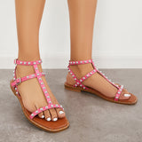Sohiwoo Women Open Toe T-Strap Flat Sandals Ankle Strap Beach Sandals