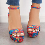 Sohiwoo Women Printed Floral Style Platform Wedges Ankle Strap Sandals