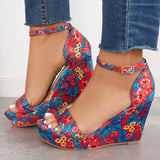 Sohiwoo Women Printed Floral Style Platform Wedges Ankle Strap Sandals