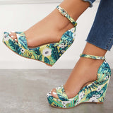 Sohiwoo Women Printed Floral Style Platform Wedges Ankle Strap Sandals