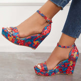 Sohiwoo Women Printed Floral Style Platform Wedges Ankle Strap Sandals