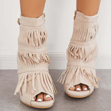 Sohiwoo Fashion Fringe Peep Toe Stilettos High Heels Ankle Boots