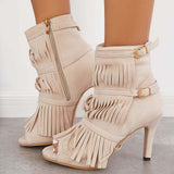 Sohiwoo Fashion Fringe Peep Toe Stilettos High Heels Ankle Boots