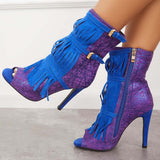 Sohiwoo Fashion Fringe Peep Toe Stilettos High Heels Ankle Boots