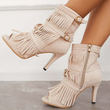 Sohiwoo Fashion Fringe Peep Toe Stilettos High Heels Ankle Boots