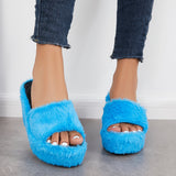 Sohiwoo Women Faux Furry Platform Wedge Slippers Fuzzy Slide Mule Sandals