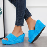 Sohiwoo Women Faux Furry Platform Wedge Slippers Fuzzy Slide Mule Sandals