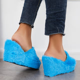 Sohiwoo Women Faux Furry Platform Wedge Slippers Fuzzy Slide Mule Sandals