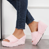 Sohiwoo Women Faux Furry Platform Wedge Slippers Fuzzy Slide Mule Sandals